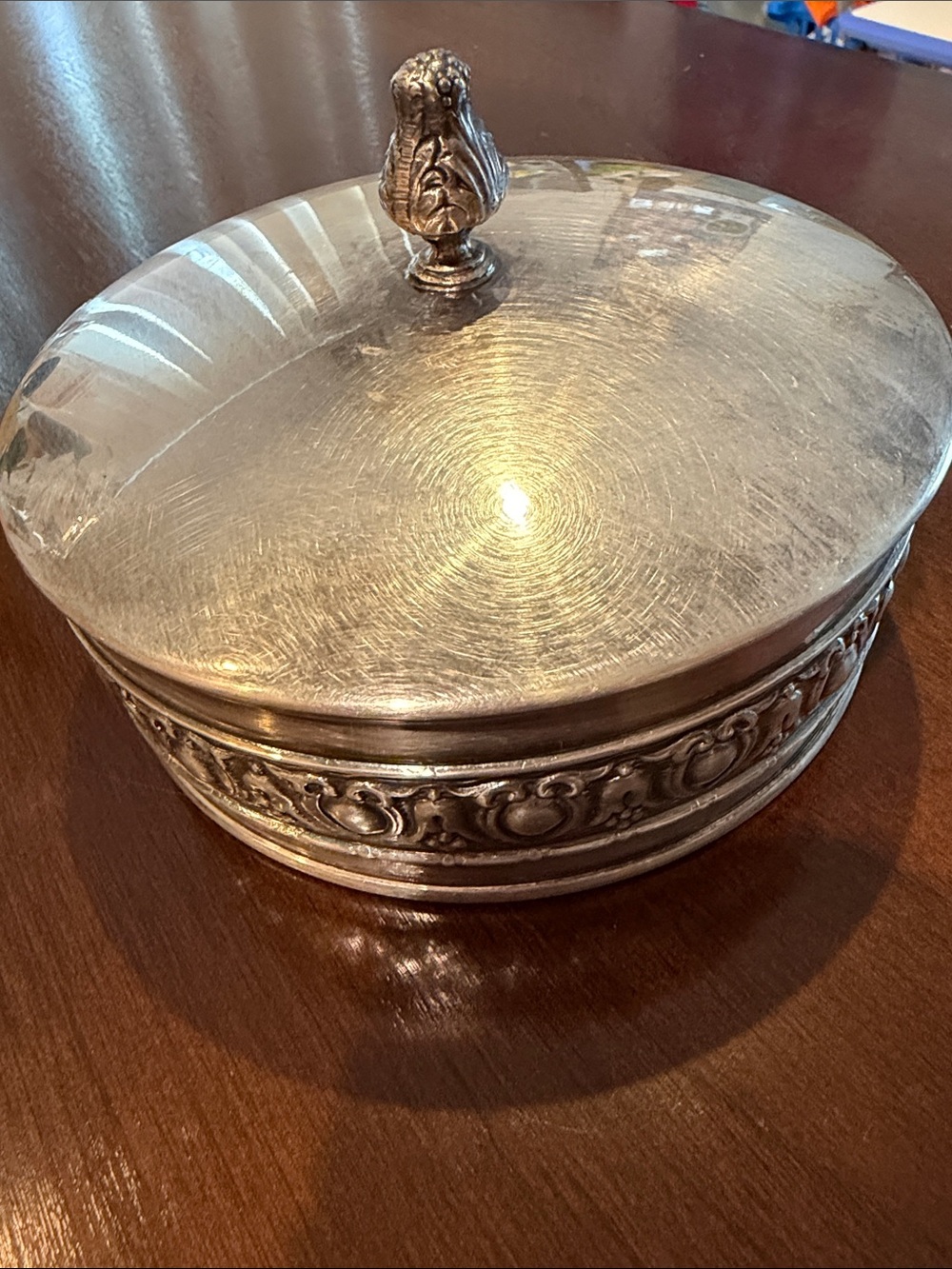 Ornate Silver-Tone Decorative Serving Dish with Lid